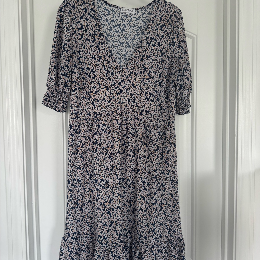 Luxology Navy and White Ruffled Sundress with Puff Sleeves